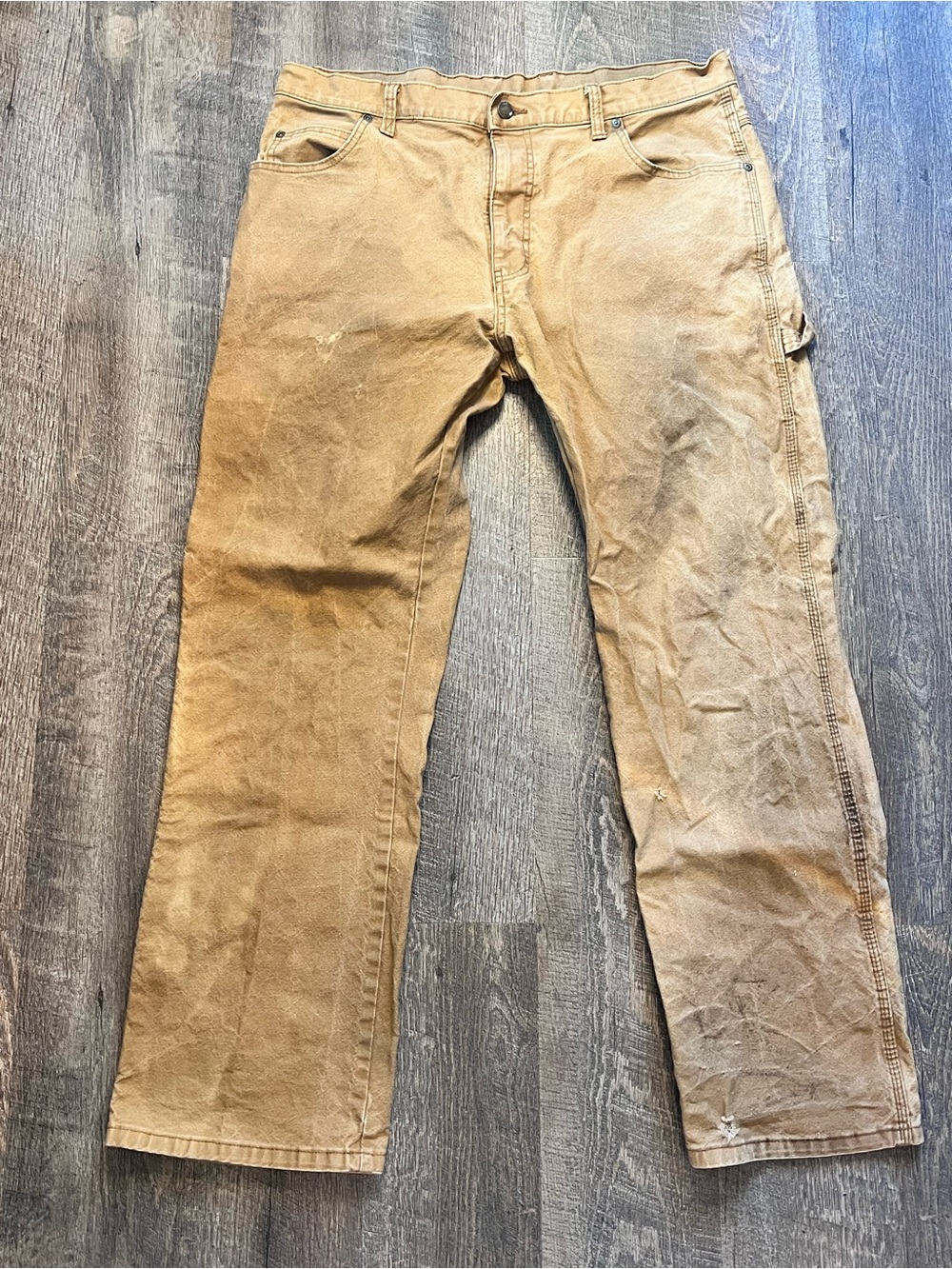Dickies Men's 36x32 Duck Canvas Carpenter Pants Tan Distressed Workwear Flex
